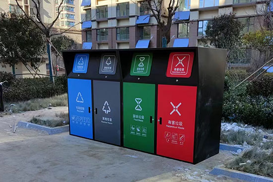 小區(qū)安裝四分類垃圾桶罩，垃圾分類亭